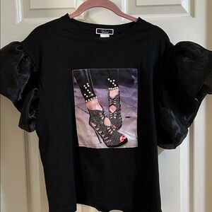 Vivid Black Puff Sleeve Tee with Studded Shoe Graphic